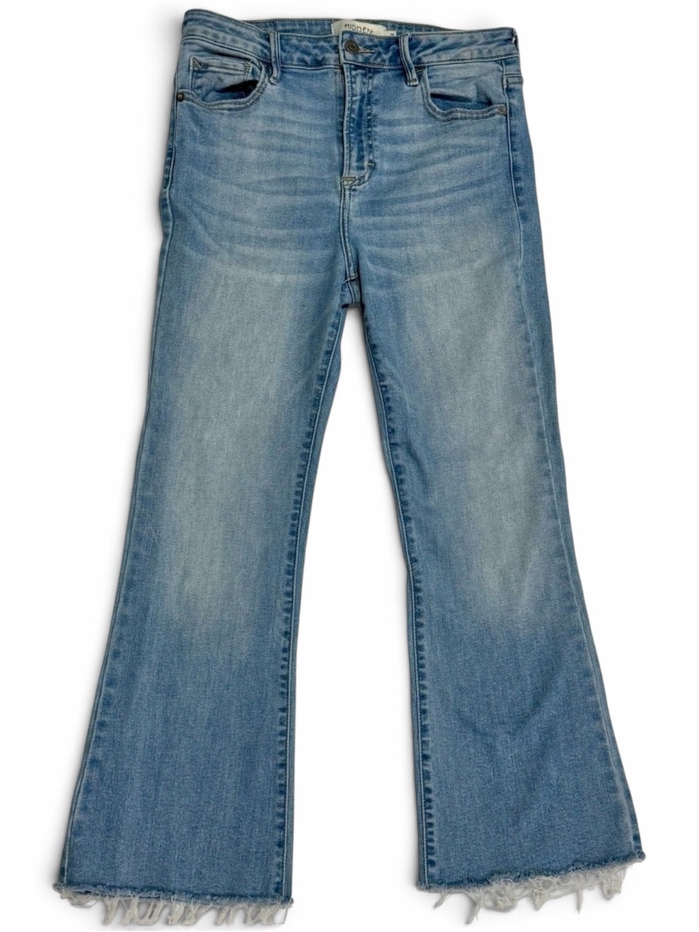 Light Wash Cropped Kick Flare Jeans Raw Hem High Rise 29
